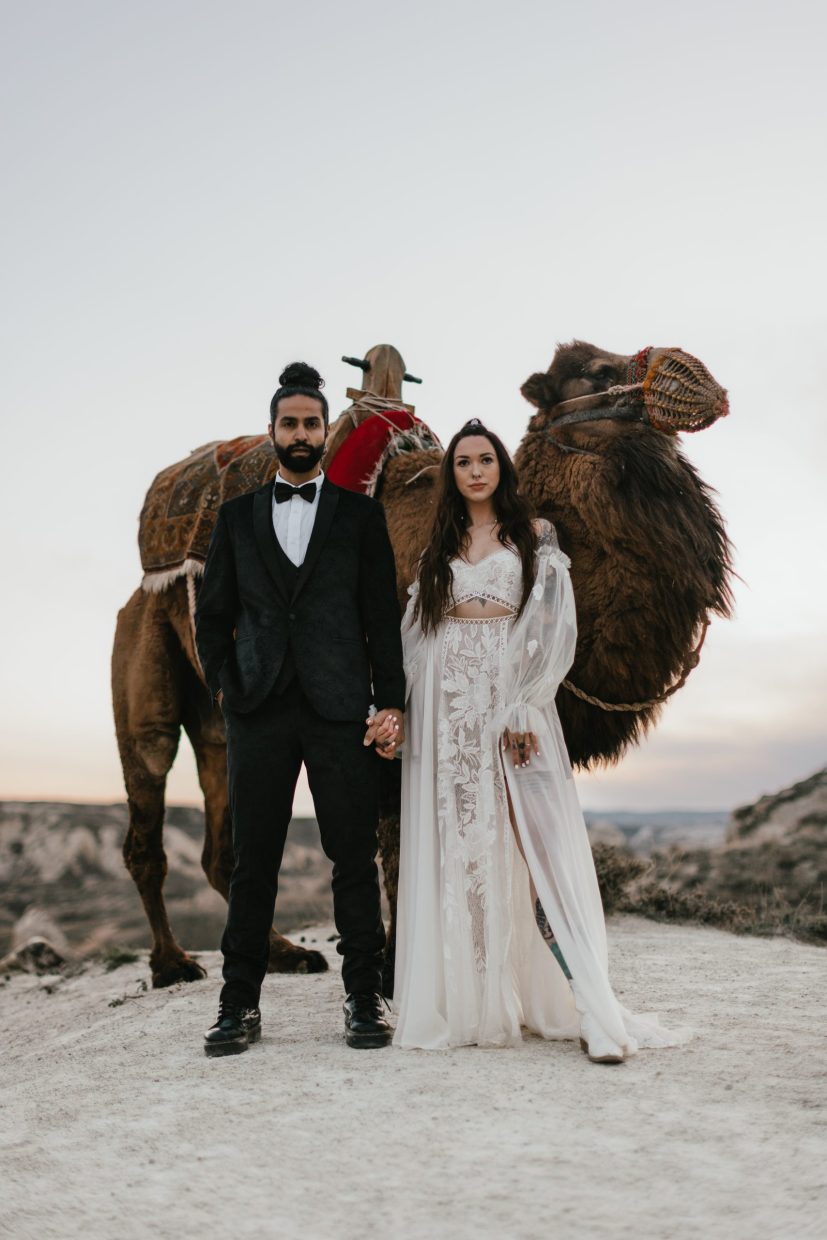 Turkey elopement at sunset in Cappadocia with a camel
